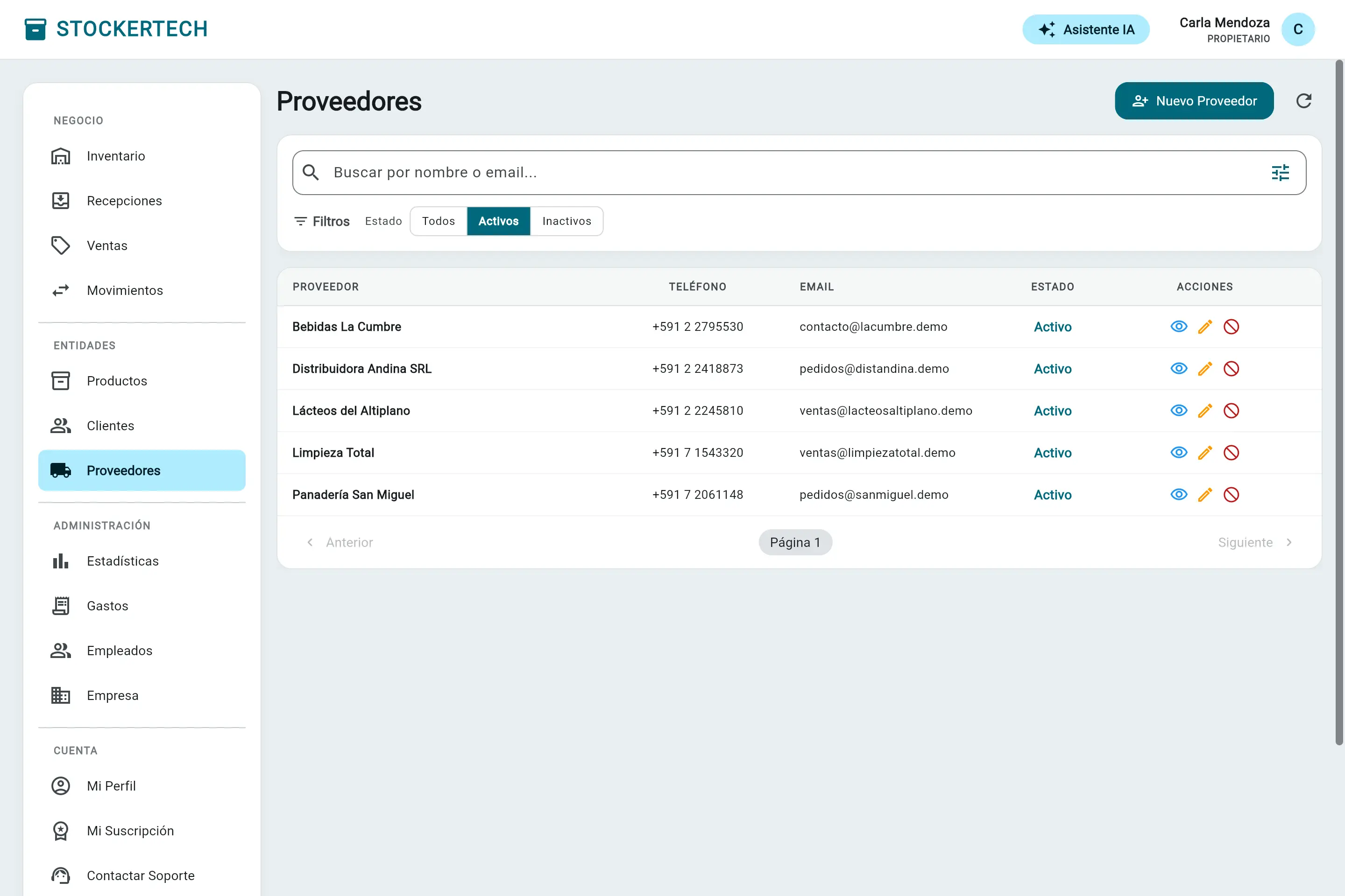 Lista de proveedores con teléfono, email y estado.